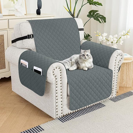 XINEAGE Quilted Chair Sofa Cover Waterproof Chair Covers for Armchair, Super Soft Washable Slipcover with Pockets & Non-Slip Elastic Straps, Thick Furniture Protector (Dark Grey)