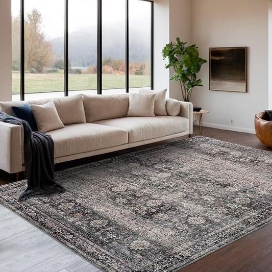GarveeHome Area Rugs 4x6 Vintage Printed Floor Carpet with Non-Slip Backing, Stain-Resistant Oriental Throw Rugs, Washable Farmhouse Low Pile Rugs for Living Room, Bedroom, Office, Green Camel