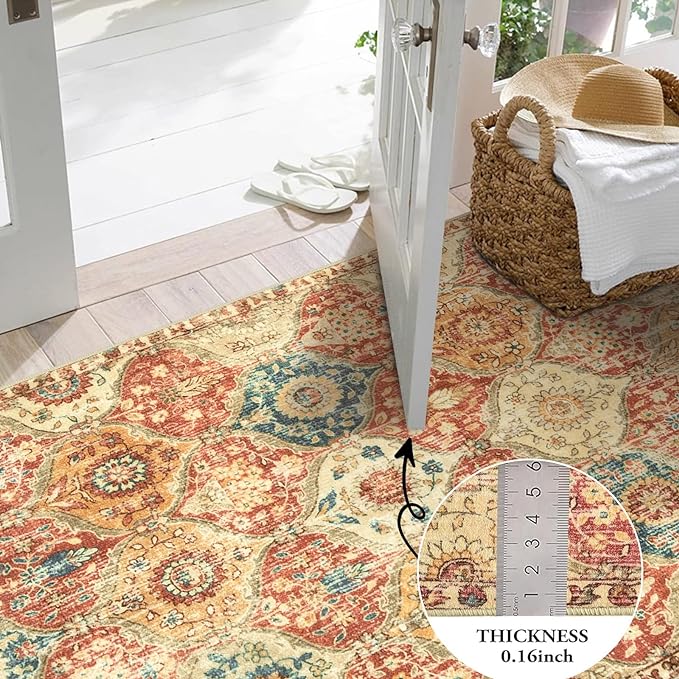 Lahome Kitchen Rugs Non Slip Washable Rugs for Entryway, 2x4 Rug Non-Slip Moroccan Trellis Ultra-Thin Indoor Door Mat Small Carpet for Bathroom Bedroom Entry Elise, Red/Orange