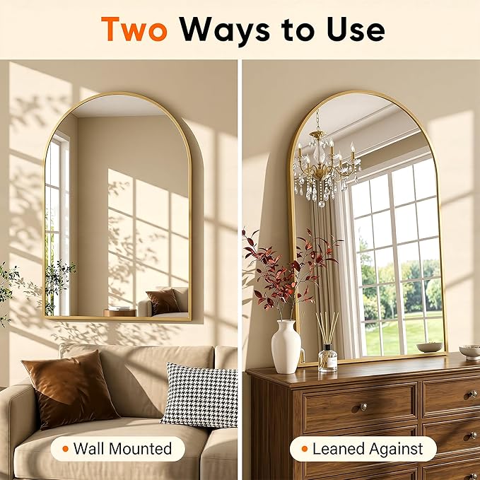 Antok Arched Bathroom Mirror, 26"x38" Wall Mounted Mirror, Vanity Mirrors for Over Sink, Aluminum Alloy Frame Bathroom Mirrors Living Room, Bedroom and Entryway, Gold