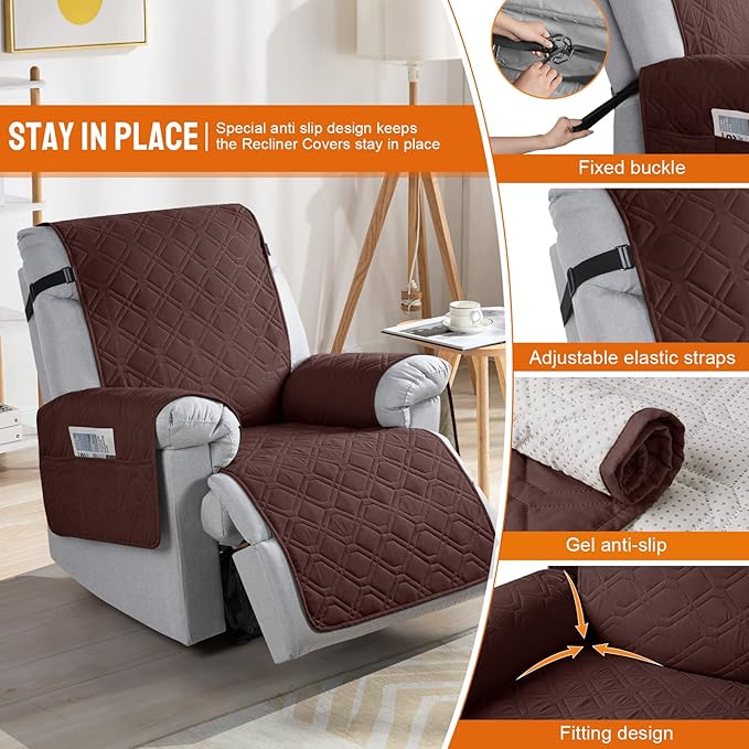VANSOFY 100% Waterproof Recliner Chair Covers, Recliner Cover Non-Slip Dog Chair Cover Furniture Protector Washable Slipcover with Pocket, Elastic Straps for Pets, Dogs(Coffee, 28")
