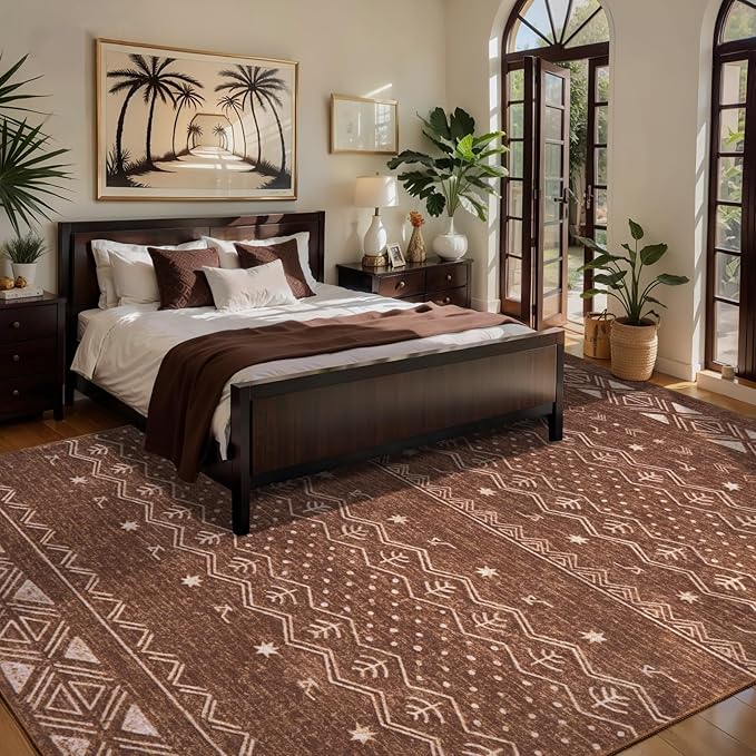 SERISSA 5x7 Area Rugs for Living Room, Washable Non-Slip Coffee Brown Boho Rug, Soft Low-Pile Geometric Indoor Large Carpet for Dining Room Bedroom Home Office Playroom
