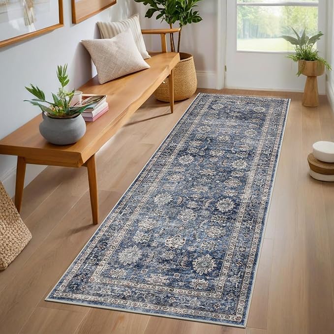 GarveeHome Hallway Runner Rug 2.5x8 Machine Washable Vintage Soft Low-Pile Kitchen Runner Non Slip Backing Stain Resistant Foldable Entryway Floor Mat Carpet for Bedroom Bathroom Denim