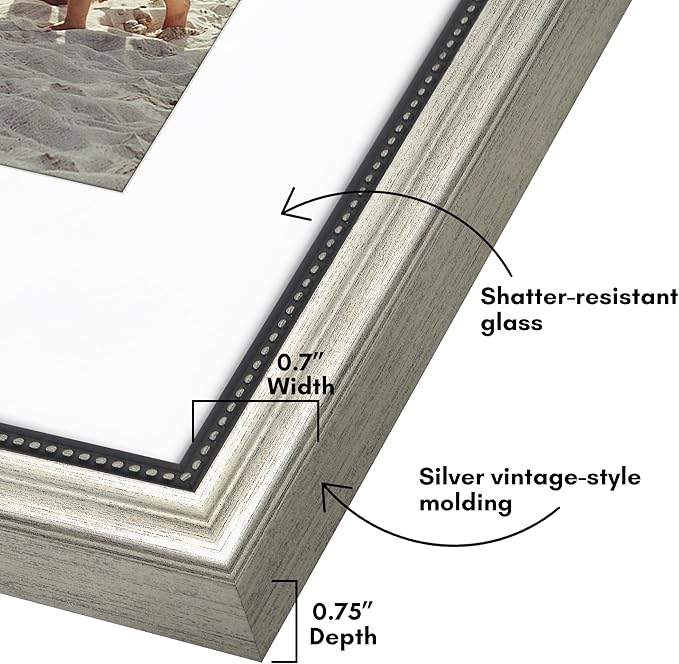 Americanflat Vintage Frames - 11x14 Picture Frame with Beaded Accents and Shatter-Resistant Glass - Use as 8x10 Frame or Display 11x14 Photos Without Mat - Heirloom Collection - Wall Display - Silver