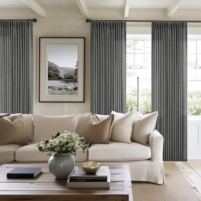 Dark Grey Linen Pinch Pleated Curtains 102 Inches Long for Living Room Pleated Drapes Hooks Back Tab Thick Linen Textured Modern Farmhouse Charcoal Simple Gray 102 Inch Curtain for Dining Bedroom