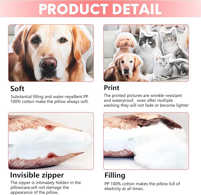 Custom Pet Pillow with Picture, Personalized Photo Dog Cat Face Shaped Pillow, Customized Stuffed Animal Picture Pillows, Double-Sided Print Pillow for Home Sofa Decor Pet Memorial Gifts for Dogs