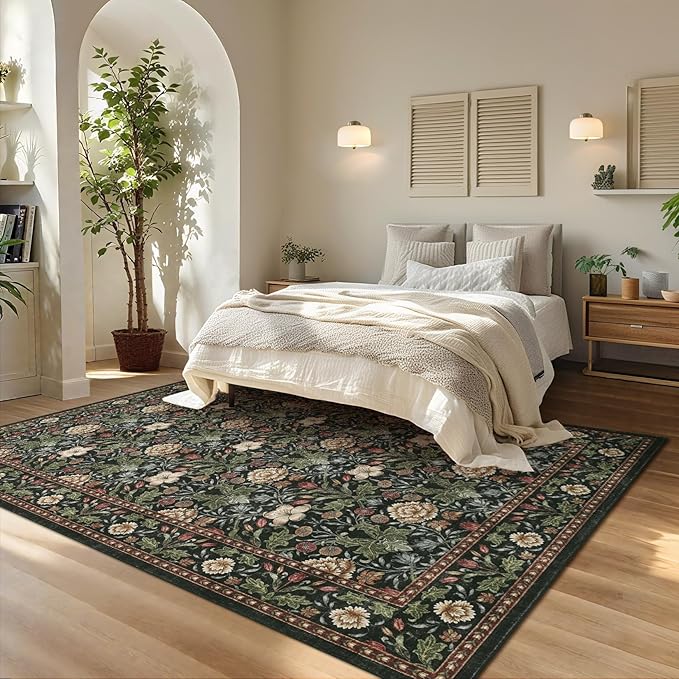 GarveeHome Washable Area Rug 6x9, Soft Vintage Floral Bedroom Rug Non Slip Low Pile Forest Green Carpet Stain Resistant Throw Rug for Bedside Kids Room Office Dining Room