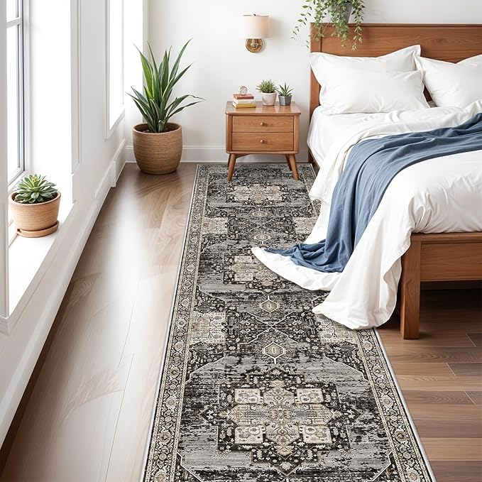 RUUGME Hallway 3x14 Runner Rugs - Large Boho Rugs for Living Room Stain Resistant Carpet Vintage Tribal Rugs for Bedroom Kitchen Bathroom Non Slip Backing Home Decor Floor Decoration Mat 3X14 Black