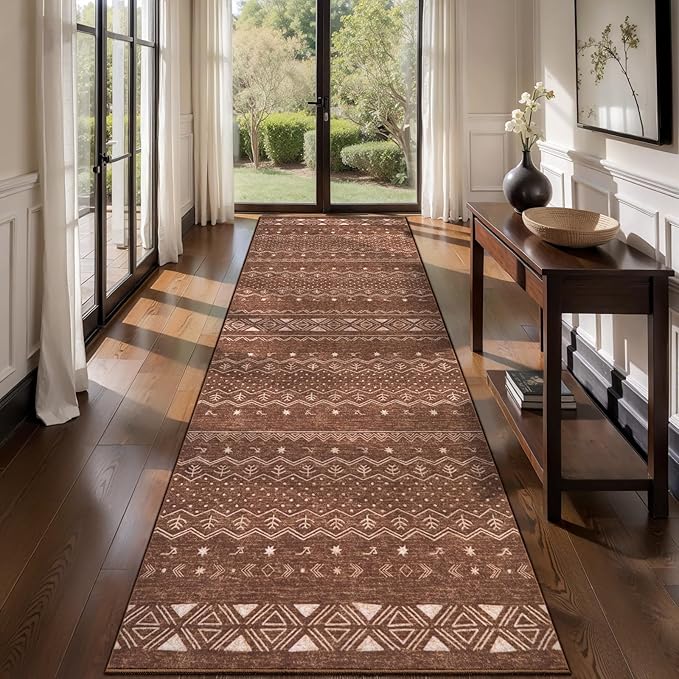 SERISSA Hallway Runner Rug, 2x10 Washable Non-Slip Coffee Brown Boho Rug, Soft Low-Pile Geometric Indoor Long Carpet for Kitchen Laundry Room Bathroom Bedroom Entryway Stair