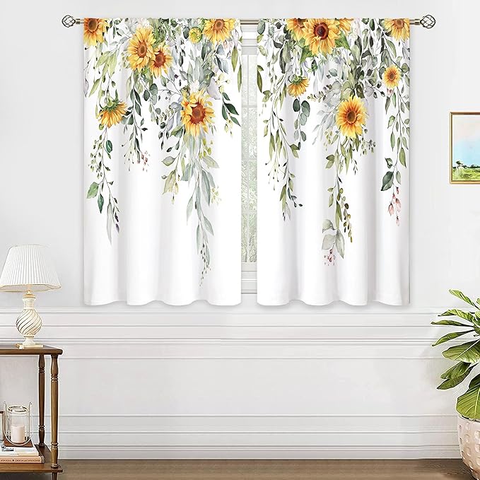 Eucalyptus Botanical Leaves Yellow Sunflower Floral Kitchen Window Curtains Flower Plant Small Window Treatment Sage Green Cafe Short Curtains for Bathroom Treatment Tier Drapes 26x45 inch