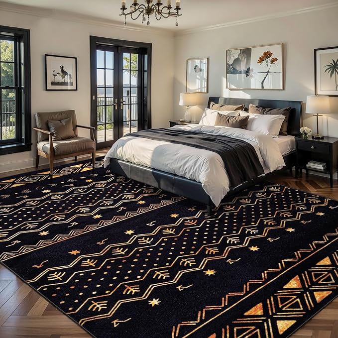 SERISSA 9x12 Area Rugs for Living Room, Washable Non-Slip Black and Gold Boho Rug, Soft Low-Pile Geometric Indoor Large Carpet for Dining Room Bedroom Home Office Playroom