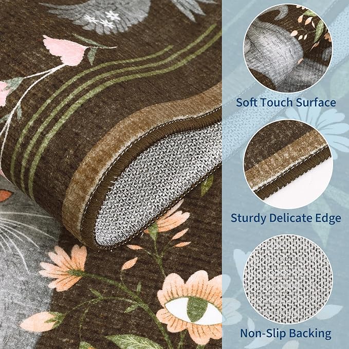 GarveeHome 5x7 Cat Area Rug Brown Washable Rugs for Living Room Bedroom, Soft Mushroom Floral Low Pile Non Slip Floor Mat Animal Print Throw Rug Indoor Carpet for Dorm Playroom Gothic Decor