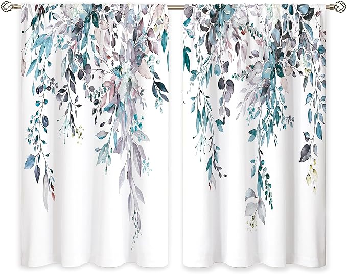 Blue Grey Eucalyptus Botanical Leaves Floral Kitchen Window Curtains Over Sink Farmhouse Flower Leaf Small Window Treatment Cafe Short Curtains for Bathroom Treatment Tier Drapes 42x45 inch