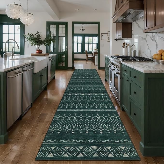 SERISSA Hallway Runner Rug, 2'6"x8' Washable Non-Slip Dark Green Boho Rug, Soft Low-Pile Geometric Indoor Long Carpet for Kitchen Laundry Room Bathroom Bedroom Entryway