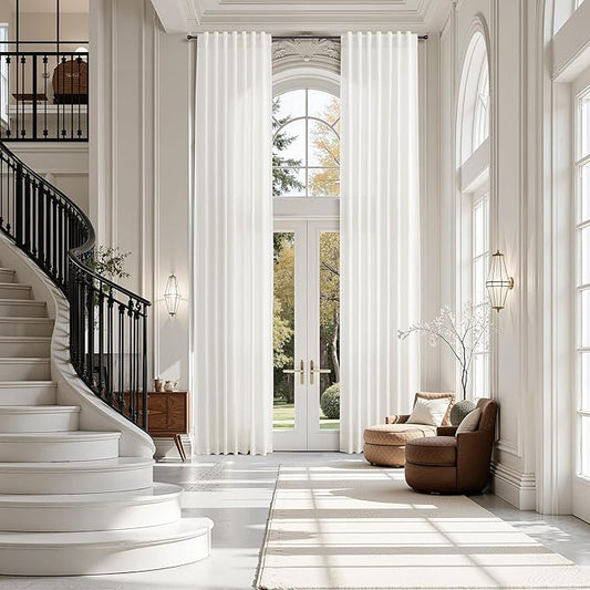 Extra Long Beige White Linen Curtains 144 Inch for Living Room 2 Panels Set Rod Pocket Back Tab Light Filtering Semi Sheer Curtain Privacy Floor to Ceiling High Ceiling Drapes for Farmhouse 52x144