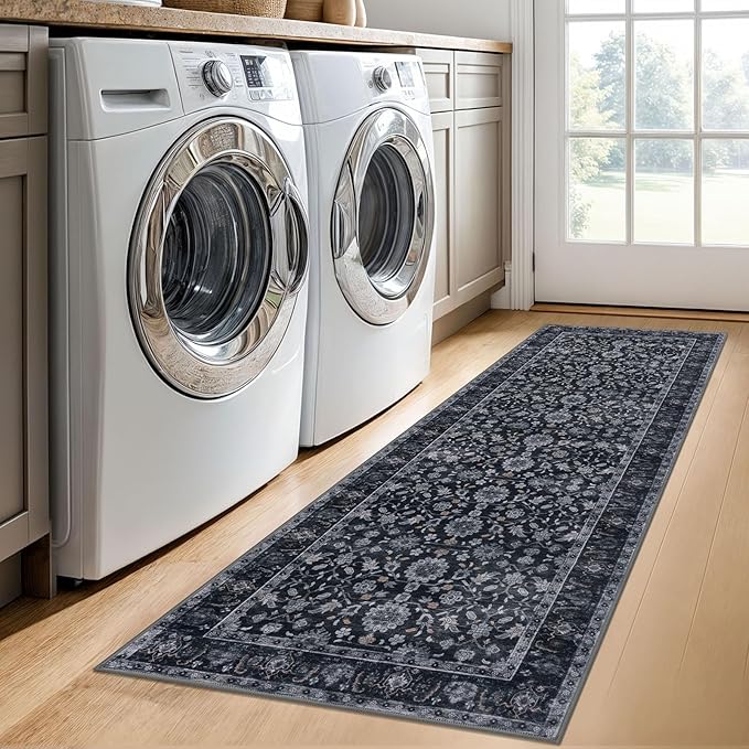 KUTA Runners for Hallways 2x6, Vintage Floral Rug Non-Slip Washable Kitchen Rugs Black Grey Orange Ultra Thin Soft Printed Distressed Flower Carpet Entryway Rugs for Bedroom Laundry Nursery