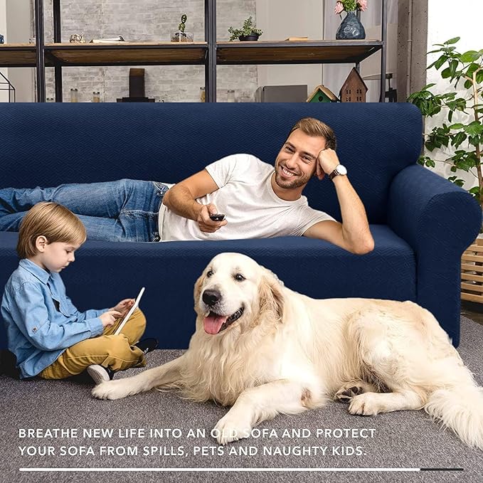 XINEAGE 2026 New 1 Piece Couch Covers for 2 Cushion (55"-69") Stretch Loveseat Sofa Cover Slipcover Jacquard Universal Furniture Protector with Elastic Bottom for Kids,Dog (Loveseat, Navy Blue)