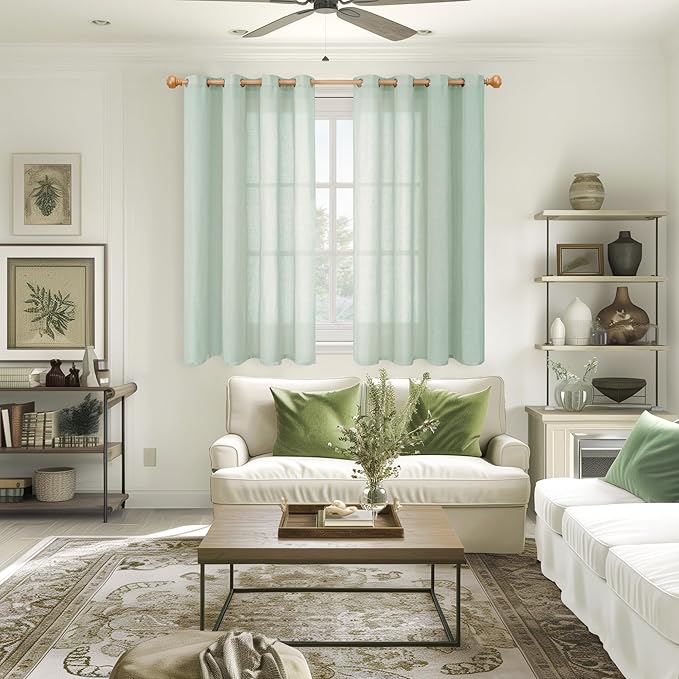 YoungsTex Light Green Linen Semi Sheer Curtains 45 Inch Length, Short Drapes Lightweight with Grommet Light Filtering for Living Room Window, 2 Panels, 52 X 45 Inch