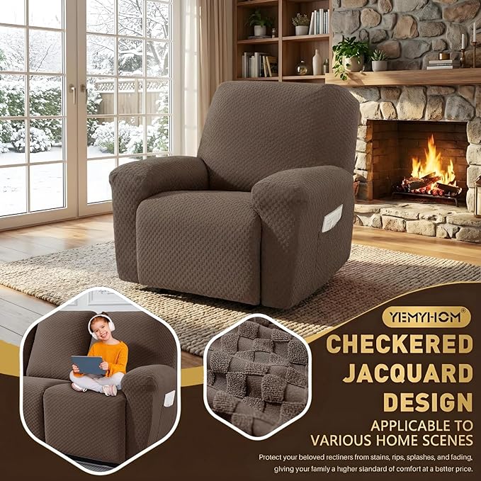 YEMYHOM 4 Pieces Stretch Recliner Slipcover Latest Jacquard Recliner Chair Cover with Side Pocket Anti-Slip Fitted Recliner Cover Couch Furniture Protector with Elastic Bottom (Recliner, Light Coffee)