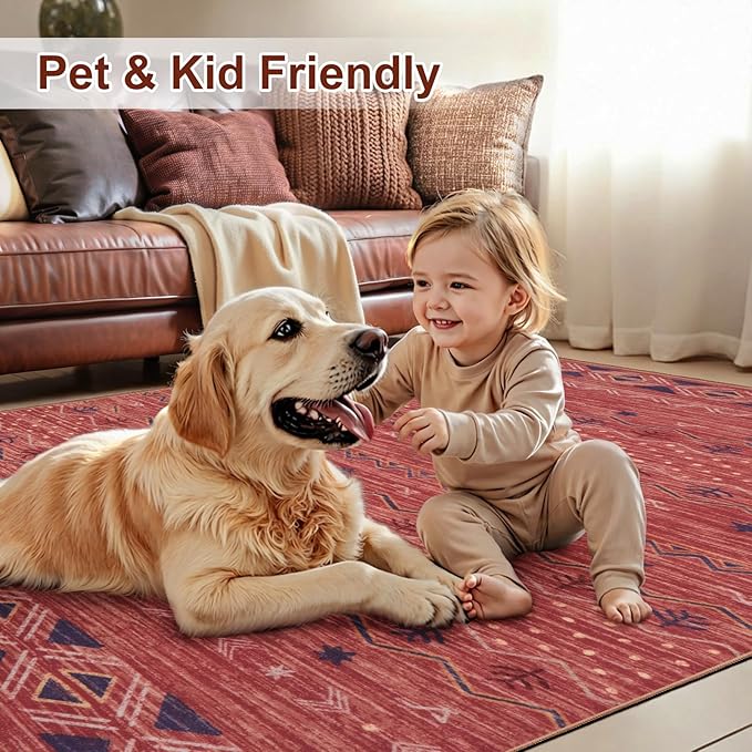SERISSA 6x9 Area Rugs for Living Room, Washable Non-Slip Red Ochre Boho Rug, Soft Low-Pile Geometric Indoor Large Carpet for Dining Room Bedroom Home Office Playroom