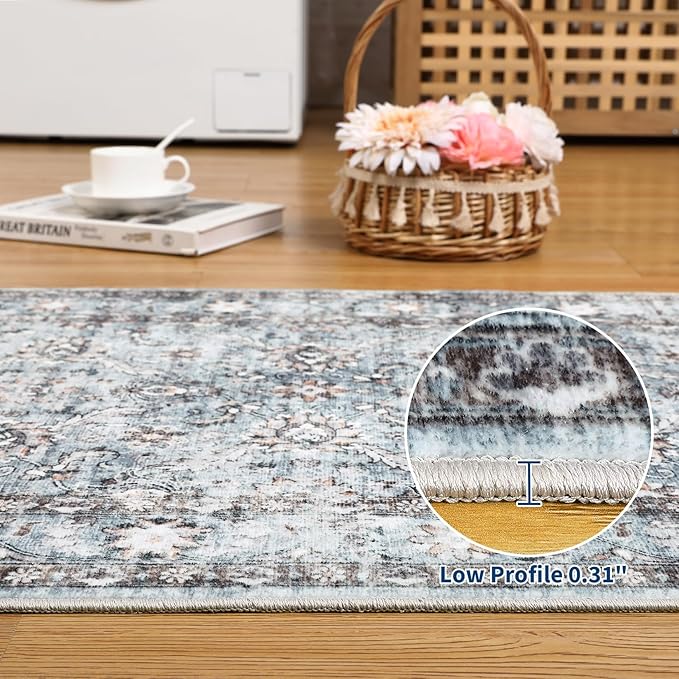 GarveeHome Washable Rugs 10x13 Area Rugs for Living Room, Non Slip & Non Shedding Vintage Floral Print Carpet, Low Pile Lightweight Oriental Floor Mats for Bedroom, Home Office, Grey and Blue