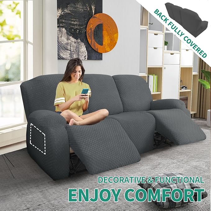 YEMYHOM 8 Pieces Stretch Recliner Sofa Cover Latest Jacquard Reclining Couch Cover with Side Pocket Anti-Slip Fitted 3 Cushion Furniture Slipcovers with Elastic Bottom (Sofa Recliner, Dark Gray)