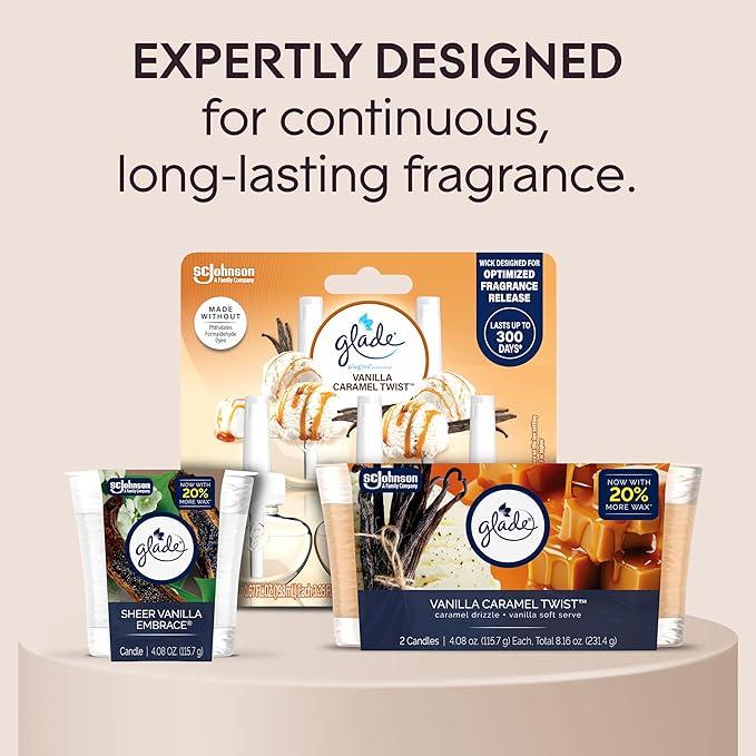 Glade 1-Wick Scented Candle Jar, Vanilla Caramel Twist, Air Freshener Infused with Essential Oils, 4.08 Oz, 2 Count