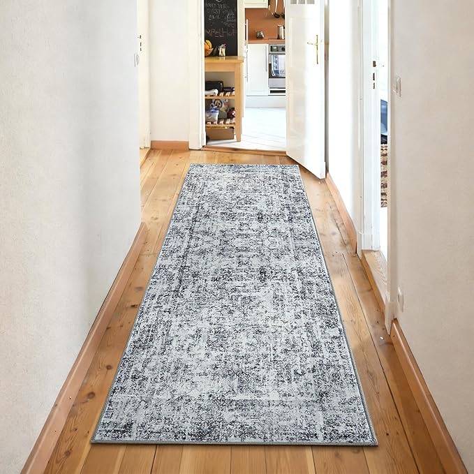 HOMORE Hallway Runner Rugs 2x6 Gray Rug for Bedroom, Washable Abstract Kitchen Rug Non Slip Rugs for Kids Nursery Room Vintage Carpet for Dorm Entryway