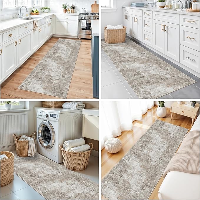 2x8 Washable Non-Slip Hallway Runner Rug – Modern Abstract Soft Carpet for Kitchen, Bedroom with Rubber Backing – Low-Pile Thin Stain-Resistant Rug for Bathroom,Laundry Room,Entryway（Beige Grey）