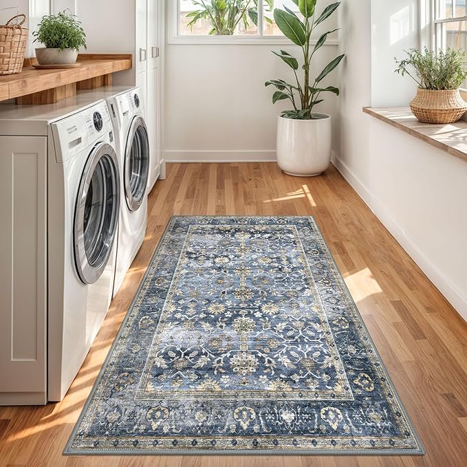 KUTA Vintage Floral 3x5 Entryway Rug, Area Rugs for Living Room Blue Grey Beige Washable Kitchen Carpet Non-Slip, Ultra Thin Soft Printed Distressed Oriental Entry Low-Pile Throw for Dining Room Dorm