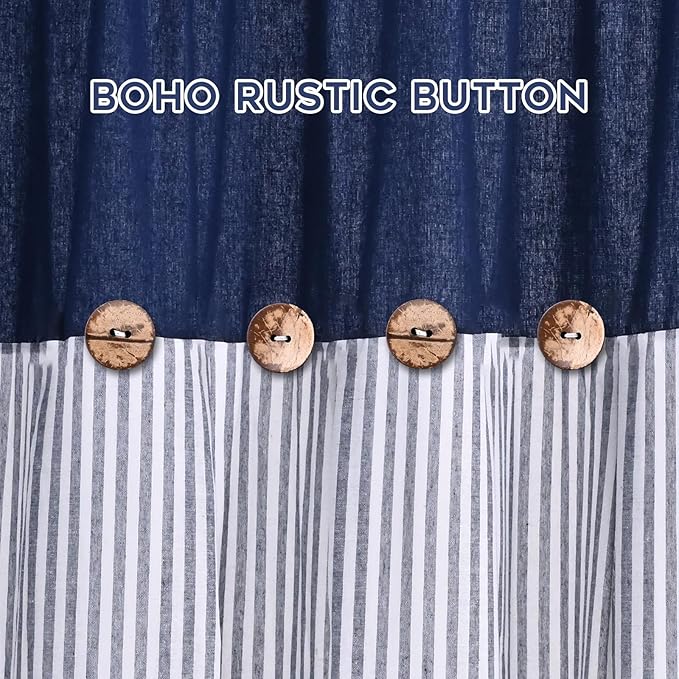 ASPMIZ Cotton Linen Farmhouse Curtains for Living Room, Boho Rustic Button Window Curtain Panels, Blue Striped Curtains for Bedroom, Country Back Tab Modern Drapes for Windows 52 x 63 Inch 2 Panels