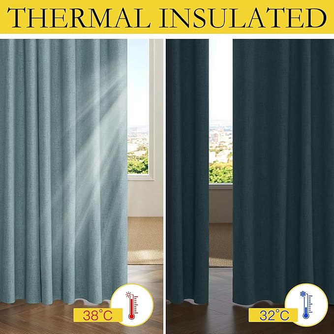 NICETOWN 100% Absolutely Blackout Linen Curtains with Thermal Insulated Liner, Skylark Blue, 52" Wide, 102" Length Energy Saving Curtains for Living Room 2 Panels Set, Vertical Blinds