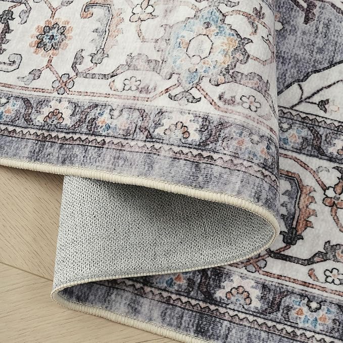 Rugcomf Vintage Medallion Kitchen Runner 2'x6' - Machine Washable Rug, Non-Slip Low Pile Boho Carpet for Hallways, Laundry, Bedroom, Bathroom - Grey and White
