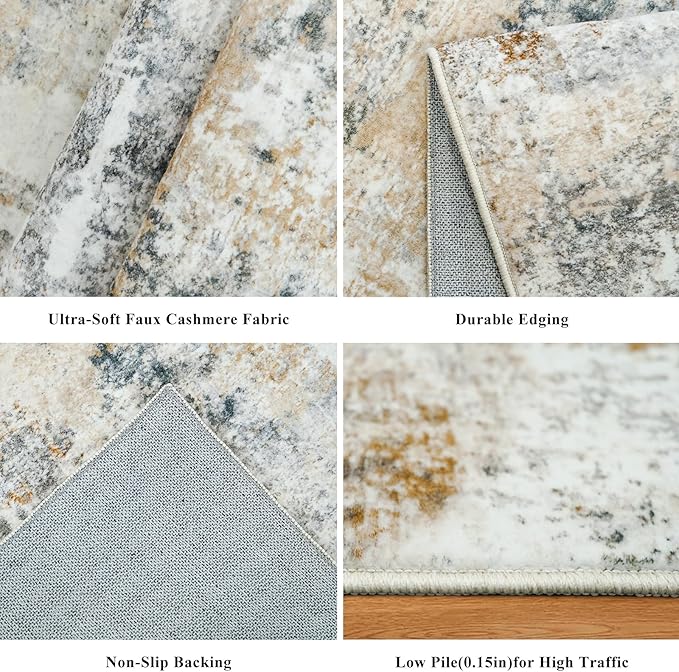 3x10 Ft Long Hallway Runner Rug - Non-Slip Washable Kitchen Runner Rug with Rubber Backing | Modern Abstract Wide Floor Carpet Runner for Indoor Entryway, Bedroom, Living Room (Gold Grey)