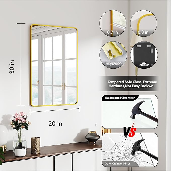 SCWF-GZ 20x30 Rectangle Mirror Full Length Wall Mounted Hanging or Against Wall Metal Frame Dressing Make-up Mirrors for Entryway Bedroom Bathroom Living Room 20 30 inch Gold