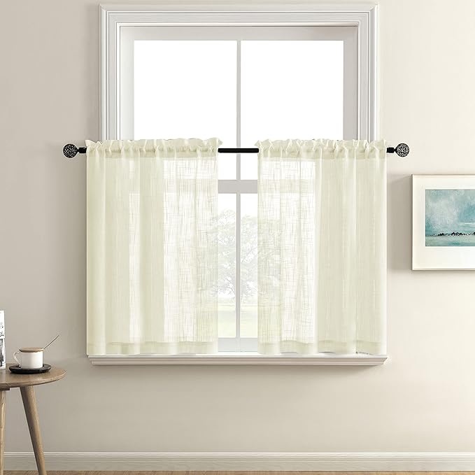XTMYI Cream Cafe Curtains for Kitchen, Linen Textured Sheer Tier Half Curtains for Small Windows, 30 Inch Length