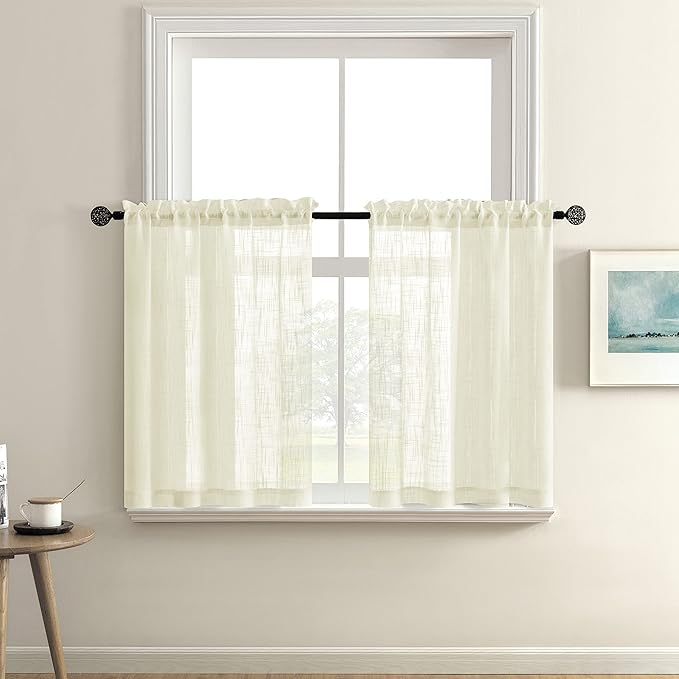Off White Small Window Curtains for Bedroom 2 Panels Set Short Tier Cafe Curtain Rod Pocket Semi Sheer Linen Textured Boho Farmhouse Window Treatments for Kitchen Bathroom 36 Inch Length Ivory Cream