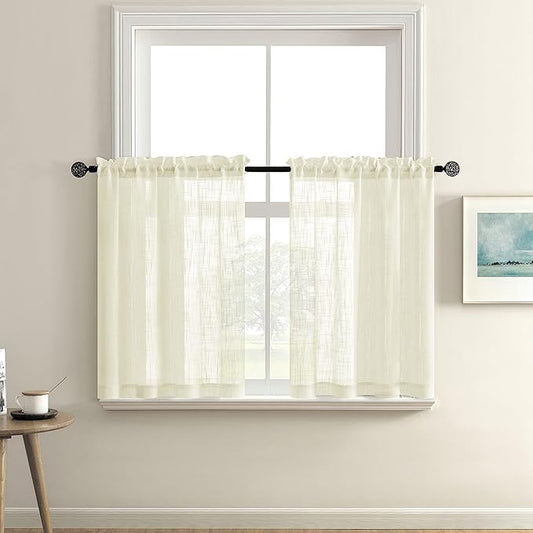 Off White Small Window Curtains for Bedroom 2 Panels Set Short Tier Cafe Curtain Rod Pocket Semi Sheer Linen Textured Boho Farmhouse Window Treatments for Kitchen Bathroom 36 Inch Length Ivory Cream