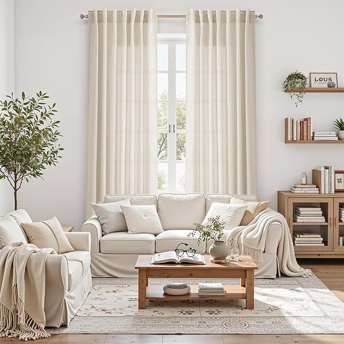Nanspring Living Room Curtains 63 Inch Length Linen Birch Beige Luxury Light Filtering Semi Sheer Curtain Back Tab Modern Farmhouse Decor Elegant Coastal Drapes for Bedroom Office 52x63, 2 Panels