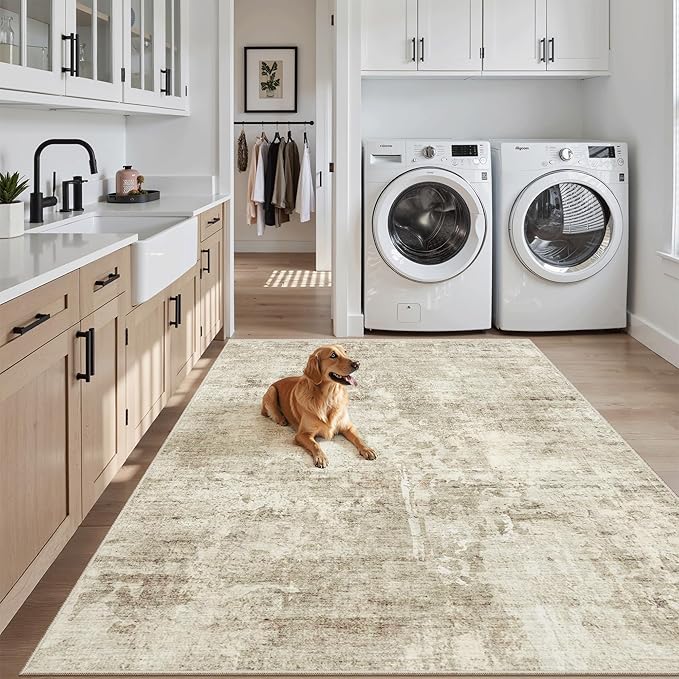 Soalmost 3x5 Rug, Small Area Rug for Kitchen, Entryway, Machine Washable Non-Slip Throw Rug, Vintage Carpet for Nursery Coffee Table Beige/Gray