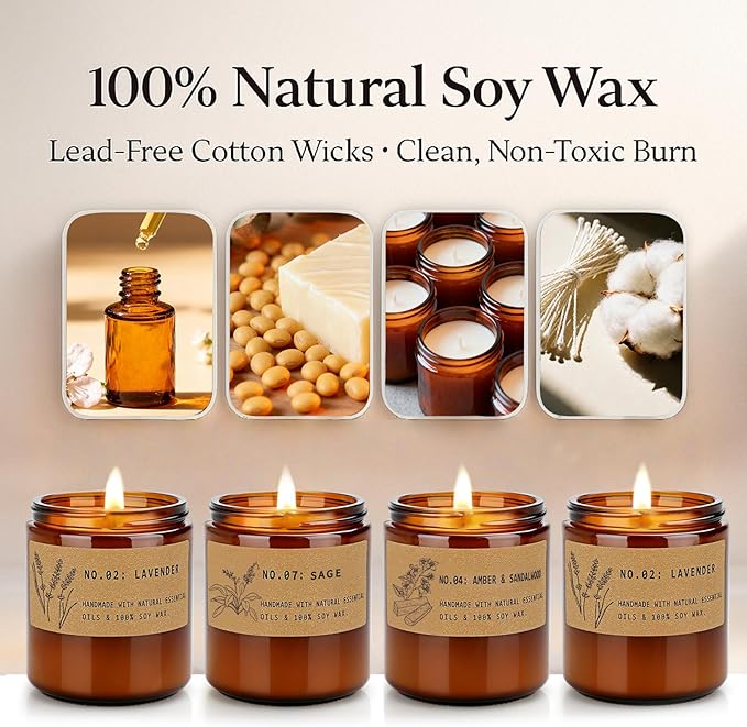Scented Candles for Women – Large 36 oz Scented Candle Gift Set for Birthday Valentine's Day, Natural Soy Wax Amber Jar Candles with Lavender & Sage, 4-Pack Aromatherapy Set