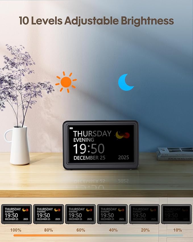 Clock with Day and Date for Elderly Battery Operated, Digital Calendar Clock with 12 Display Modes, 20 Alarms and Medicine Reminders, Dementia Clocks for Seniors, Black (With Rechargeable Battery)