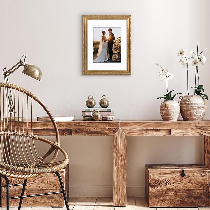 Americanflat 11x14 Picture Frame with Shatter-Resistant Glass - Use as 8x10 Frame with Mat or Display 11x14 Photo Without Mat - Ornate Picture Frames for Wall Display - Gold