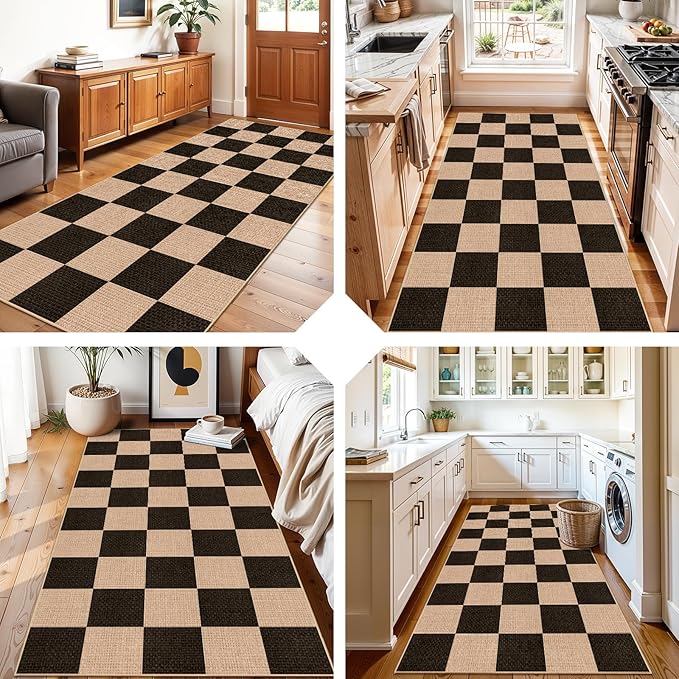 3x6 Kitchen Runner Rug Washable Non Slip: Diamond Pattern Faux Jute Rug - Thin Easy Clean Indoor Farmhouse - Boho Rugs for Entryway Kitchen Hallway Bedroom Modern Home Decor Mat (Black,3x6)