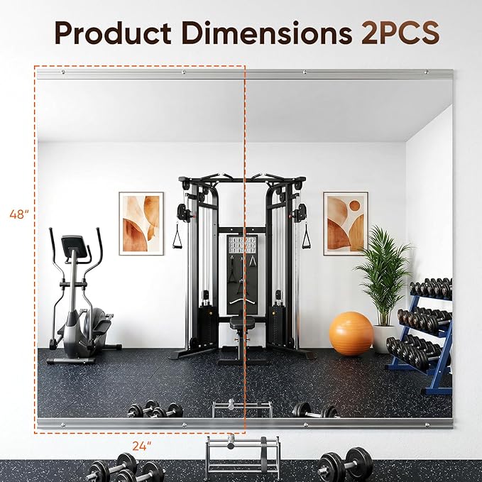 Antok Home Gym Mirror 48"x24" 2PCS, Large Full Length Wall Mounted Mirrors, Frameless Tempered Glass Full Body Mirror for Gym Yoga Dance Studio Garage Bedroom & Bathroom