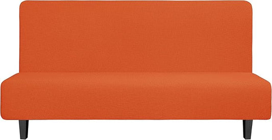 Easy-Going Stretch Futon Slipcover Armless Futon Bed Cover Furniture Protector Without Armrests with Elastic Bottom for Kids, Soft Jacquard Fabric Small Checks (Large, Orange)