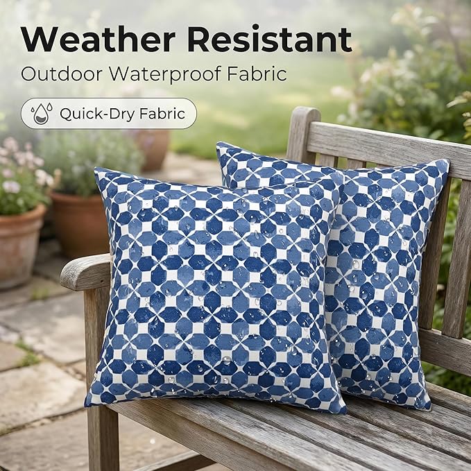 JMGBird Waterproof Outdoor Pillows Set of 2, 18x18 inch Weather Resistant White with Diamond Blue Petal Pattern Throw Pillows with Inserts for Patio Furniture