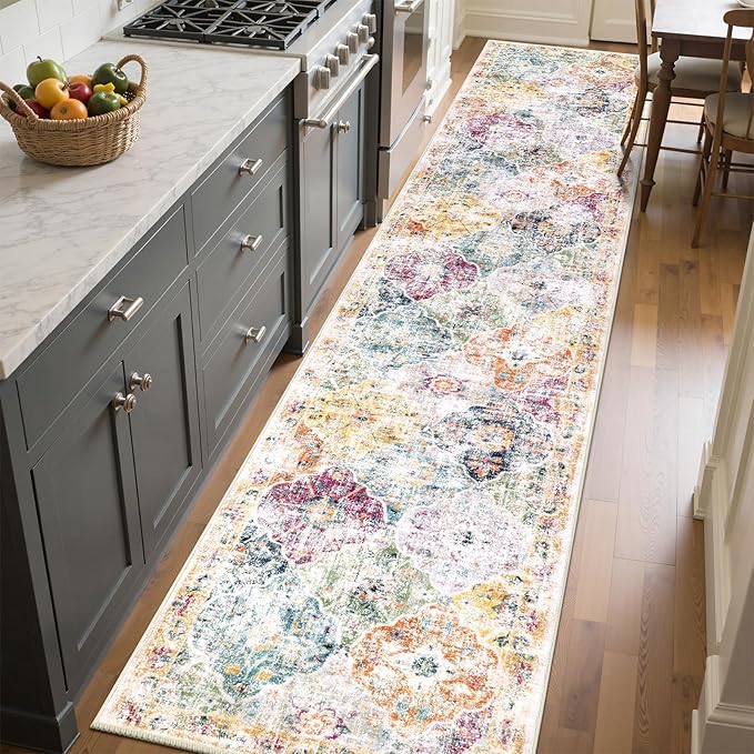 Ileading Washable Hallway Runner Rugs, 2x10 Non Slip Runners Area Rug for Entryway Kitchen Bathroom Bedroom Laundry Living Room, Long Narrow Low-Pile Floor Carpet Boho Vintage Throw Mat for Kids Room
