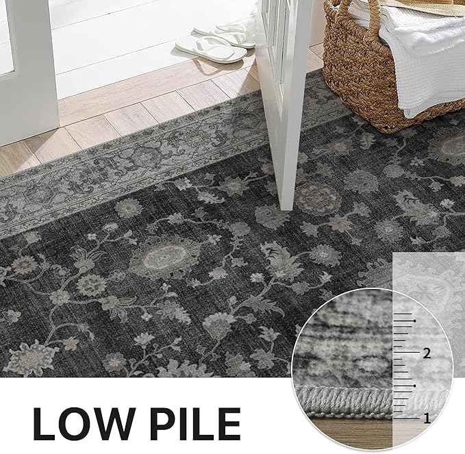GENIMO Runner Rug for Hallways Machine Washable, 2'6''x7 Non Slip Boho Vintage Lightweight Washable Runners, Thin Floor Rugs for Entryway Hallway Bathroom Laundry Room Corridor, Charcoal