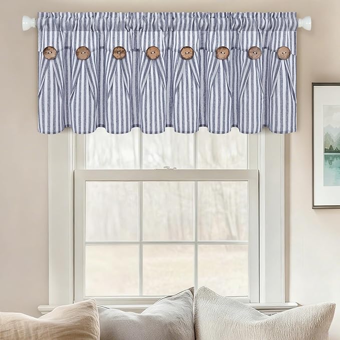 ASPMIZ Farmhouse Valances for Windows, Cotton Linen Kitchen Curtains Valances with Rustic Buttons, Blue Striped Window Valance for Living Room, Boho Valance Curtains for Bathroom, 52 x 18 Inches